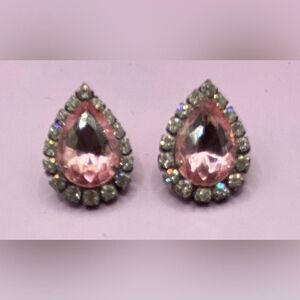 Teardrop Pink Crystal Rhinestone Halo Stud Earrings Womens Silver Tone Post READ